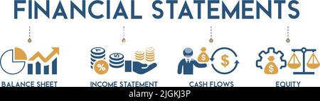 Banner of financial statement web icon vector illustration concept with icon of graph, balance sheet, pie chart, income statements, money, calculator Stock Vector