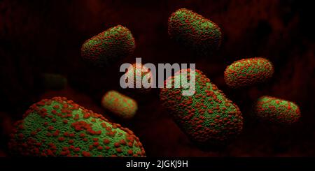 Close up of group of green viruses with red spots of monkeypox floating on a dark red. 3D Illustration Stock Photo
