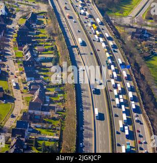 Aerial view, living on the motorway, traffic jam on the A2 motorway, city forest, Bottrop, Ruhr area, North Rhine-Westphalia, Germany, motorway, DE, E