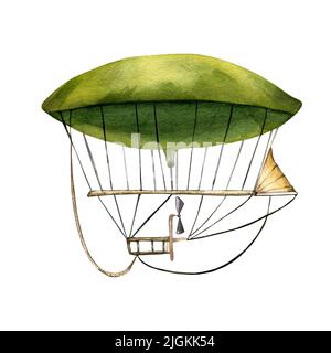 First dirigible vintage style watercolor illustration isolated. Airship with propeller flying in the sky hand painted. Transport childish design eleme Stock Photo