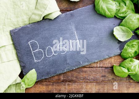 Basil Leaves and Chalkboard Sign Stock Photo Alamy