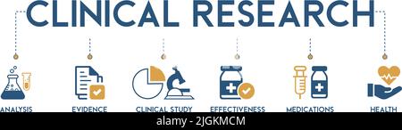 Banner of clinical research vector illustration concept pictogram with the icon of analysis, evidence, clinical study, effectiveness, medication Stock Vector