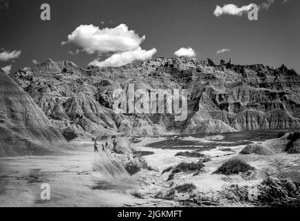 Black and White of Saddle Pass Trailhead area in Badlands National Park in South Dakota USA Stock Photo