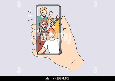 Person hold smartphone talk on video call with diverse friends. Man use cellphone have online webcam chat or communication on gadget with international mates. Vector illustration.  Stock Vector