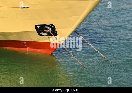 Athens, Greece - May 2022: Anchor chains from a ship moored  in the port of Piraeus. Stock Photo