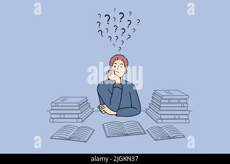 Pensive guy suit at desk studying thinking or pondering of problems finding solution. Thoughtful man with books feel frustrated daydreaming or planning. Dilemma. Vector illustration.  Stock Vector