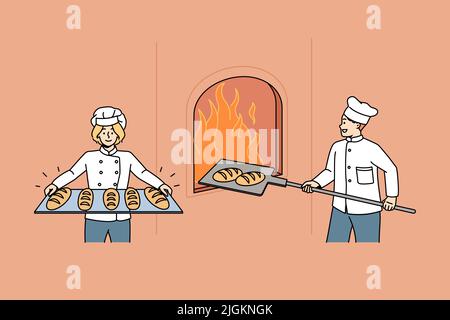 Happy bakers in uniform prepare cook fresh tasty crusty loaves in oven. Smiling worker bake delicious bread in bakery shop or house. Small business ownership, bakeshop. Vector illustration.  Stock Vector