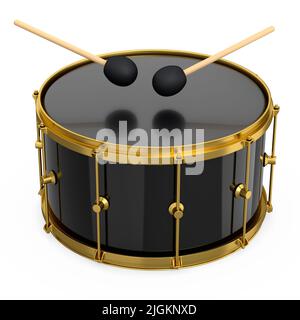 Realistic drum and wooden drum sticks on white. 3d render of musical instrument Stock Photo