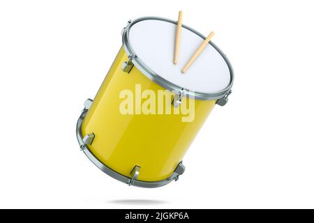 Realistic drum and wooden drum sticks on white. 3d render of musical instrument Stock Photo