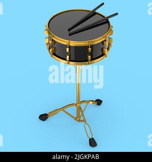 Realistic drum and wooden drum sticks and stand on blue background Stock Photo