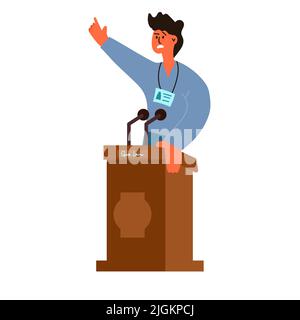 Man with tribune speech and business person politician debate. Conference communication and presentation speaker with microphone. Election talk and or Stock Vector