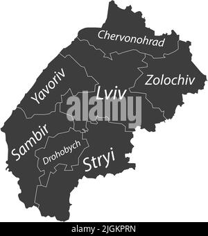Dark gray tagged map of raions of the LVIV OBLAST, UKRAINE Stock Vector