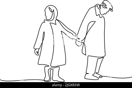 Continuous line drawing. Happy elderly couple hugging and walking ...