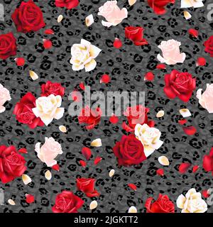 Red and white roses with petals Stock Vector