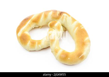 Salted bagel pastry isolated on white background. Pretzel shape Stock Photo