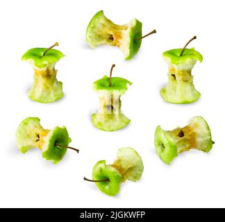 Set of green apple stubs, isolated on white background Stock Photo