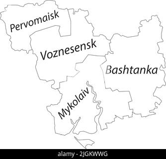 White tagged map of raions of the MYKOLAIV OBLAST, UKRAINE Stock Vector