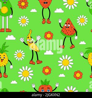 Retro seamless pattern, groovy background. Vector hippy pattern with 70s, 80s vibes groovy elements funny comic cartoon characters fruit, gloved hands Stock Vector