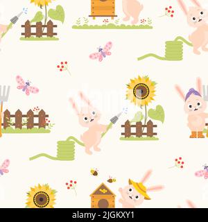 Seamless pattern with funny rabbits. cute bunny farmer with pitchfork near fence, watering sunflower from hose and beekeeper with beehive on backgroun Stock Vector