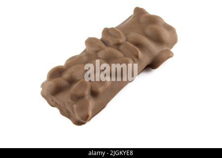 Chocolate snack bar filled with whole peanuts isolated on white background Stock Photo