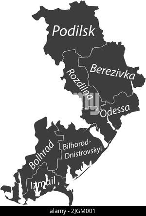 Dark gray tagged map of raions of the ODESSA OBLAST, UKRAINE Stock Vector