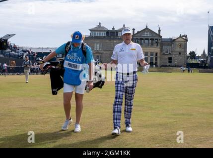 150th Open GolfChampionships, St Andrews, July 11th 2022 Ian Poulter walks down the 1st fairway during a practice round at the Old Course, St Andrews, Scotland. Credit: Ian Rutherford/Alamy Live News. Stock Photo