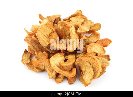 Bunch of dehydrated apples isolated on white background. Dry fruit chopped Stock Photo