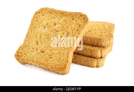 Stack of golden color bread toasts isolated on white background Stock Photo