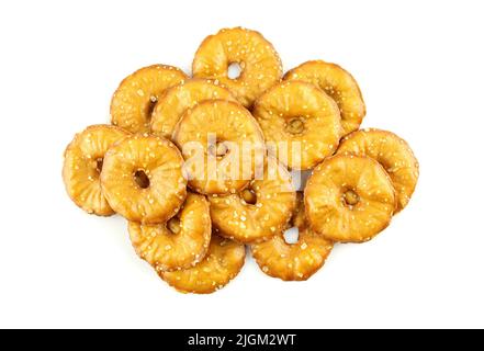 Stack of thin sea salt cracker chips isolated on white background Stock Photo
