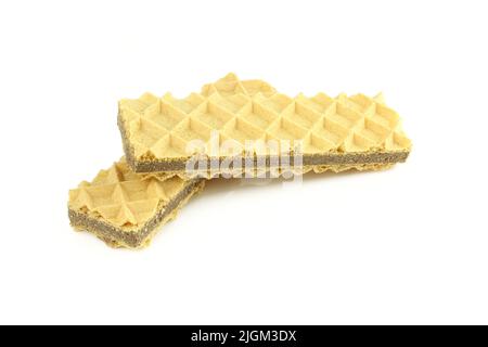 Two sticks of chocolate and hazelnut filled wafers isolated on white background Stock Photo