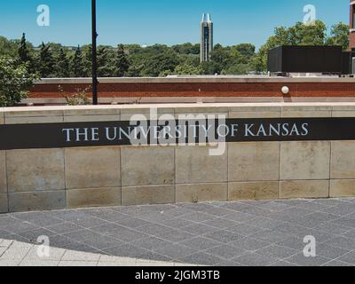 Lawrence, Kansas July 10, 2022 - University of Kansas sign near the Natural History Museum at Ascher Plaza Stock Photo