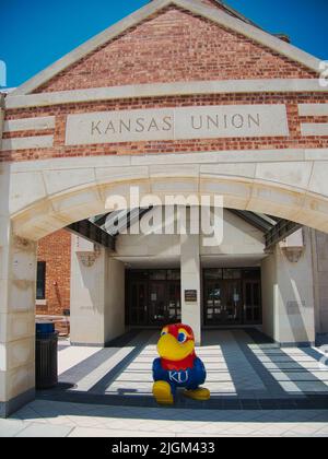 Lawrence, Kansas - July 10, 2022 - Blue, Red, Yellow KU Jayhawk - NCAA World Champion Basketball Team Stock Photo