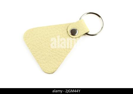 Bright leather keyring with silver ring isolated on white background Stock Photo