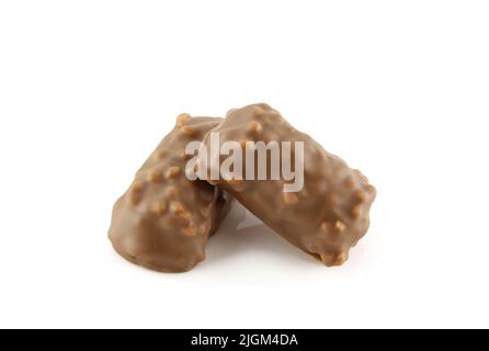 Two chocolate covered crunchy snacks isolated on white background Stock Photo