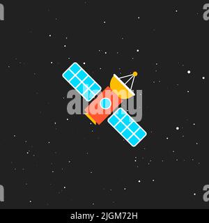 Communication satellite with solar panels, a spacecraft hovering in the black sky among the stars. Flat vector illustration. Stock Vector