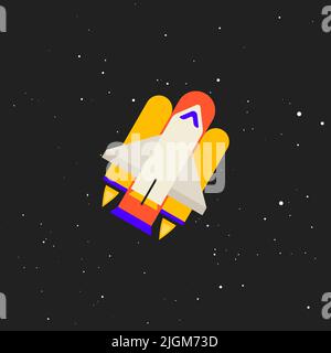 Space shuttle, reusable spacecraft hovering in the black sky among the stars. Flat vector illustration. Stock Vector