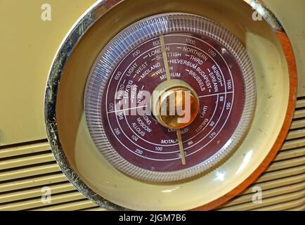 Bush brand , old fashioned classic circular radio dial, Long, Medium wave, Moscow, Brussels, Munich, Third, Light, London, Midland, Budapest frequency Stock Photo