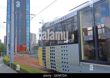 Metrolink tram at Deansgate Castlefield, Manchester, 2 Whitworth St W, Deansgate, Locks, Manchester, England, UK,  M1 5LH Stock Photo