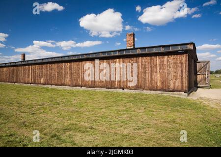Dormitory building inside the Auschwitz II-Birkenau former Nazi Concentration Camp, Auschwitz-Birkenau, Poland. Stock Photo