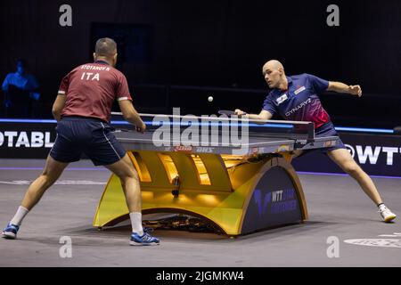 Budapest. 11th July, 2022. Daniel Habesohn (R) returns the ball during the Men's Singles Qualifying Round 2 match between Daniel Habesohn of Austria and Niagol Stoyanov of Italy at the World Table Tennis Star Contender European Summer Series 2022 in Budapest, Hungary on July 11, 2022. Credit: Attila Volgyi/Xinhua/Alamy Live News Stock Photo