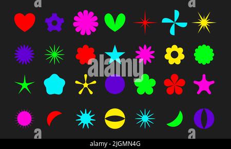 Psychedelic acid geometric minimalist graphic elements. Abstract simple shape icons set. Fun y2k vector flowers, sparkle Stock Vector