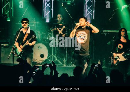 The rock band Las Pelotas and Emiliano Brancciari (NTVG) in a live show in Argentina Stock Photo