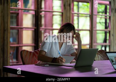 Focused pensive young woman student sitting with laptop, caucasian lady working in coworking space Stock Photo