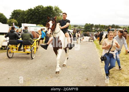 A young man trotting along the road on a coloured gypsy cob horse. Appleby Horse Fair, Appleby in Westmorland, Cumbria, England, United Kingdom Stock Photo