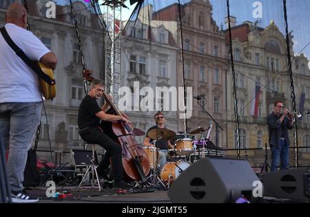 Prague, Czech Republic. 11th July, 2022. Musicians perform during the Bohemia JazzFest in Prague, capital of the Czech Republic, July 11, 2022. Bohemia JazzFest, one of the largest jazz music festivals in Europe, opened here on Monday and will last till July 19. Credit: Dana Kesnerova/Xinhua/Alamy Live News Stock Photo