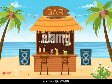 Tropical Bar or Pub in Beach with Alcohol Drinks Bottles, Bartender ...