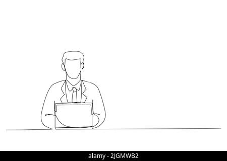 Cartoon of focused millennial business man using laptop at table. Young entrepreneur, using compute at home office workplace. Continuous line design s Stock Vector