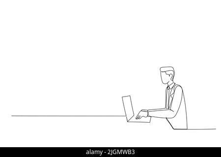 Drawing of young man working on computer at office freelancer in casual, employee, worker , typing and chatting online. Single line design style Stock Vector
