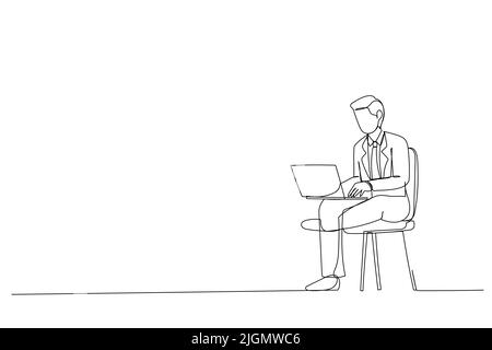 Illustration of young man using laptop indoors using computer and working on project. Single line design style Stock Vector