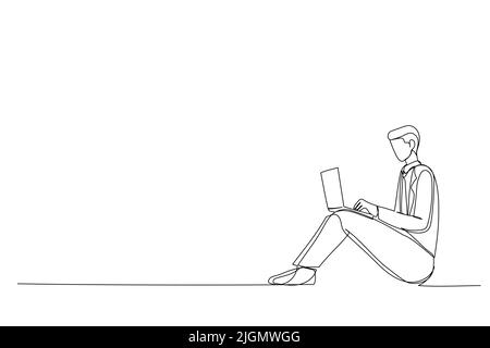 Single line drawing of young man sitting computing computer laptop in isolated white background Stock Vector